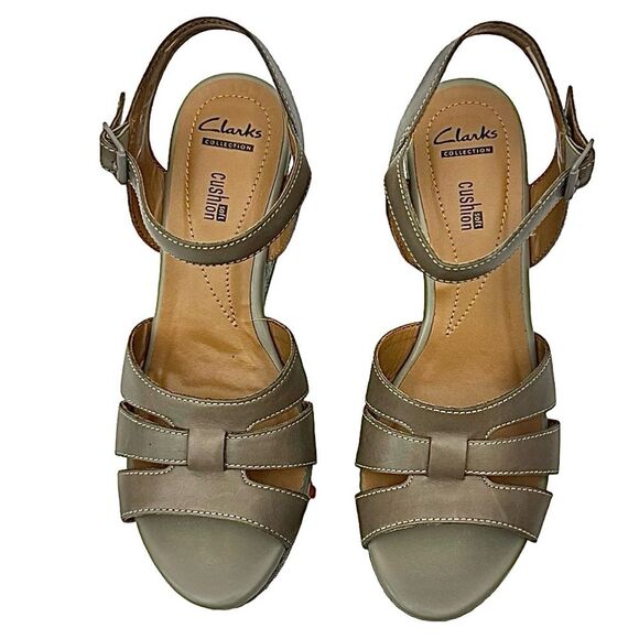 Clarks Taupe Multi Leather Platform Wedge Sandals Peep Toe Size 8.5 Medium - Picture 7 of 11